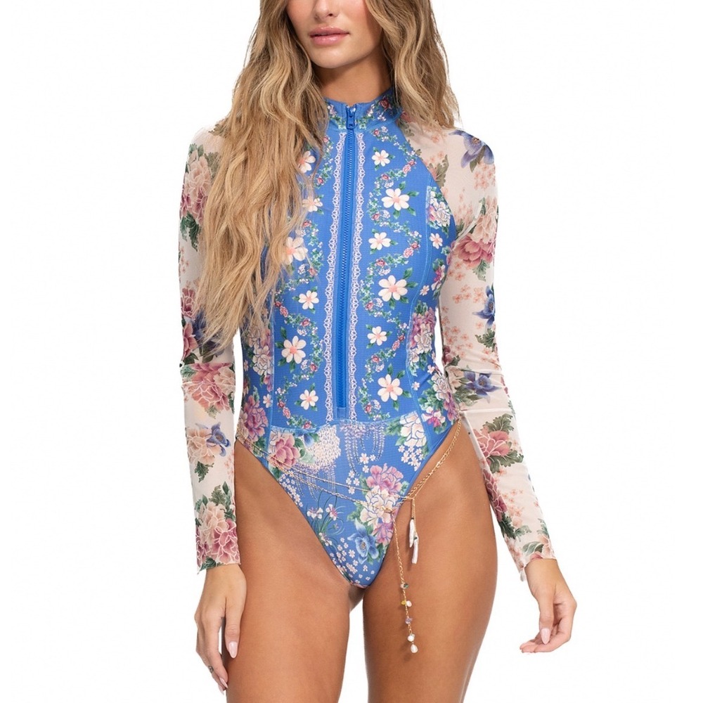 Agua Bendita Monti Ivy Long Sleeve One Piece Swimsuit Blue Floral Mesh Small NWT